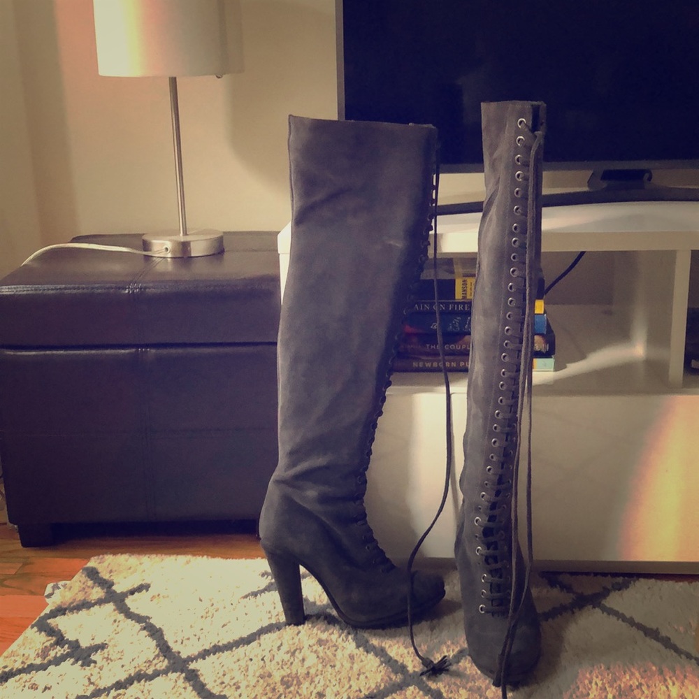 All Saints Grey Suede Over the Knee Heeled Boots